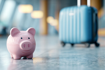 Piggy bank saving money for travel suitcase