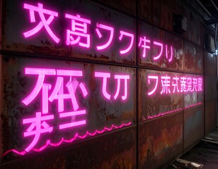 Neon Kanji shines on rusted panels in a dimly lit industrial corridor