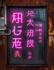 Neon pink Chinese characters shine on a rusty metal frame