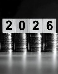 Year 2026 displayed on blocks atop stacks of coins, black and white