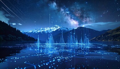 Digital lines illuminate a mountain lake beneath a starry, galactic sky