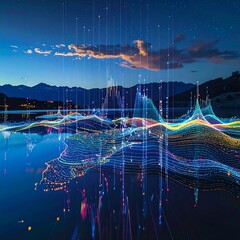 Digital data visualization over a reflective lake at dusk
