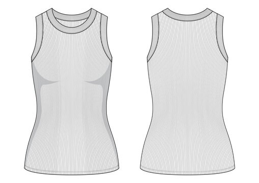 Vector fashion technical drawing of a ribbed crew neck tank top with front and back view. Binding at neck and arm area. Rib knit fabric.