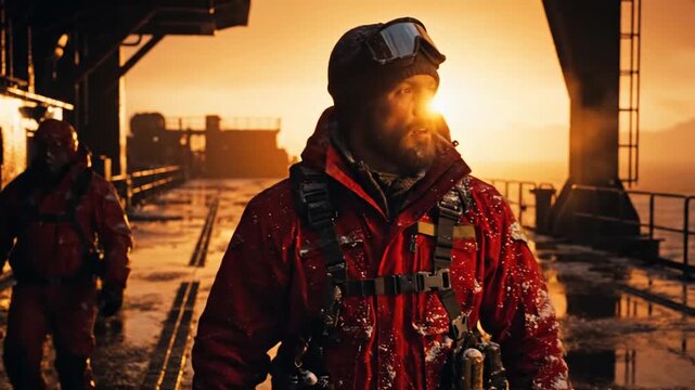 Man in red jacket standing on industrial dock at sunset with equipment