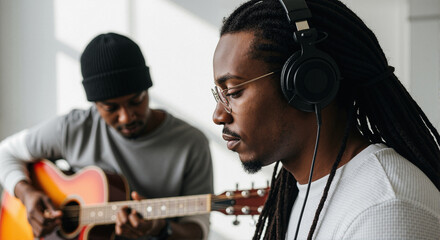 African American musicians in home studio, man playing acoustic guitar while friend listens with headphones