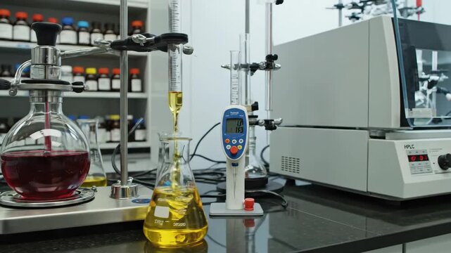 Titration experiment with liquid pouring from burette into flask in laboratory setting. Chemical analysis and scientific research concept.