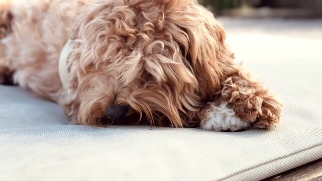 Adorable Curly Doodle Dog Enjoying Bone Poolside Lounger Summer Lifestyle Video Footage