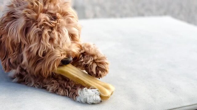 Adorable Curly Doodle Dog Enjoying Bone Poolside Lounger Summer Lifestyle Video Footage