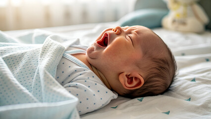 Newborn baby crying in bed