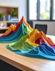 A vibrant, colorful topographic sculpture of layered mountains on a table