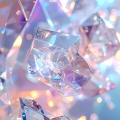 Sparkling, transparent faceted crystalline cluster with bokeh background
