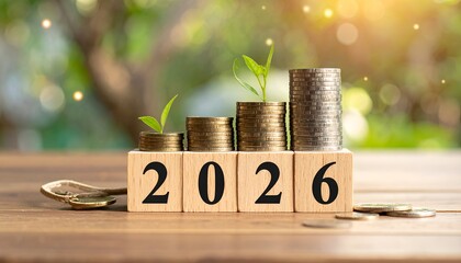 Coins stacked atop 2026 blocks with growing plants, symbolizing future growth