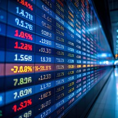Obraz premium A close-up of a large digital stock market display, numbers & percentages