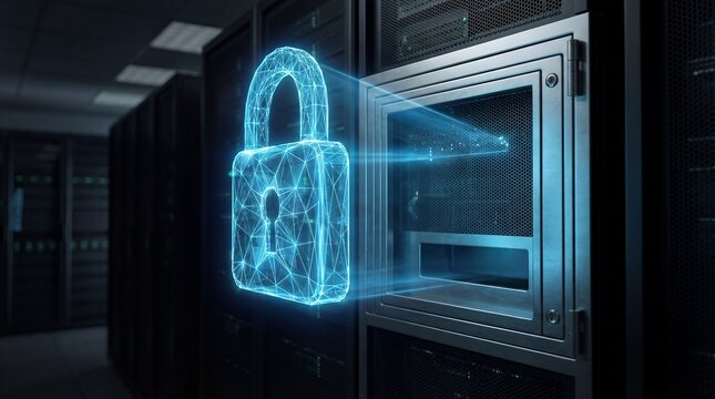 Secure server access protected by holographic digital lock, encrypted data center security, cybersecurity defense and protected network infrastructure concept