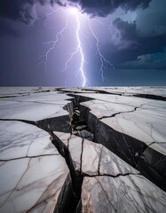 A lightning strike erupts above a cracked stone landscape under a stormy sky