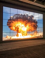 Large, multi-screen display showing a vibrant nuclear explosion
