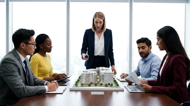 A diverse group discusses a building model in a boardroom, with focus on presentation