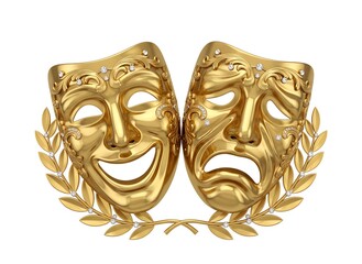 Golden theatrical masks representing comedy and tragedy with laurel wreaths