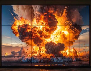 Massive explosion over desolate landscape, displayed on digital grid