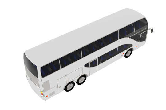 Png; Trasparente. Rendering 3D di autobus a due piani bianco  visualizzato su sfondo trasparente. L'autobus &egrave; dotato di ampie finestre, con sedili blu visibili attraverso i finestrini trasparenti.
