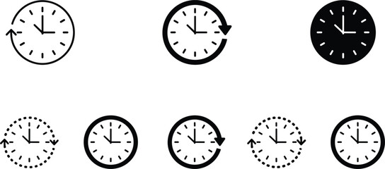 Fototapeta premium Clock time rotation icons set featuring circular arrows, refresh symbols, and analog timers in outline and solid styles