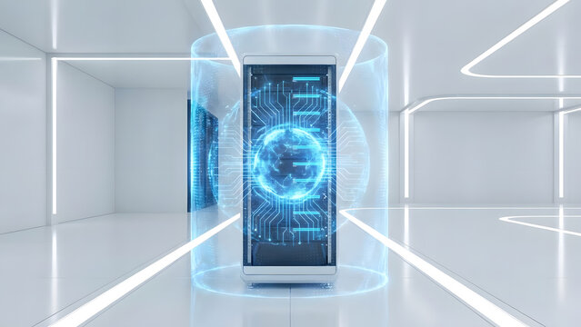 Secure server protected by holographic digital shield in modern data center corridor, encrypted network defense, cybersecurity protection and protected infrastructure concept