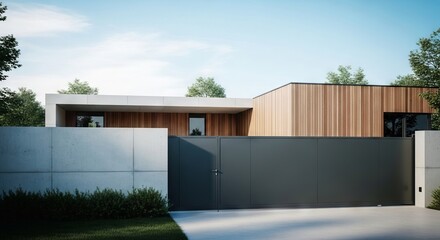 Fototapeta premium Peaceful contemporary zen villa exterior design showcasing smooth concrete, natural wood cladding, and a sleek anthracite sliding gate fence, residential, zen, modern