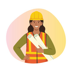 Confident Professional Female Civil Engineer Holding Blueprints. Illustration for International Women's Day.