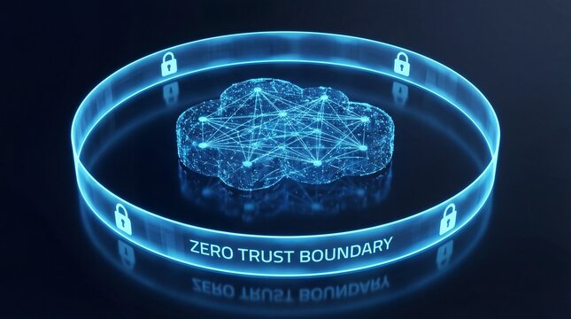 Zero trust security boundary protecting digital asset, secure access control, cybersecurity isolation zone and protected network architecture concept