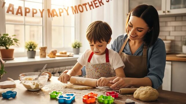 Mother and son baking together in sunny kitchen on Mother's Day