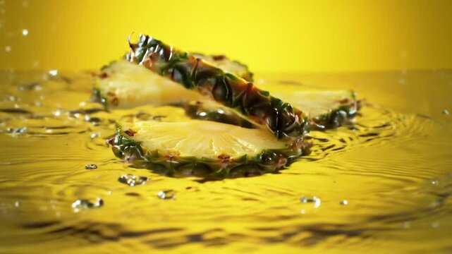 Refreshing pineapple slices splashing in vibrant yellow liquid, creating a tropical summer sensation.
