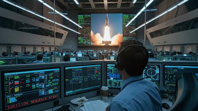 Flight controller watches a rocket launch on a giant screen in a high-tech mission control center during a space mission