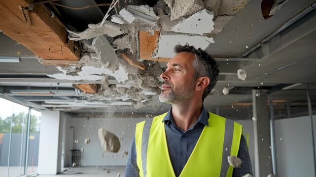 Construction worker assesses severe ceiling damage as concrete debris and dust fall heavily.