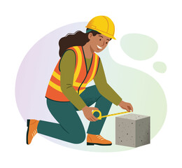 Woman Civil Engineer Measuring Concrete Foundation with Tape Measure. Professional engineer performing on-site measurements and quality inspection.