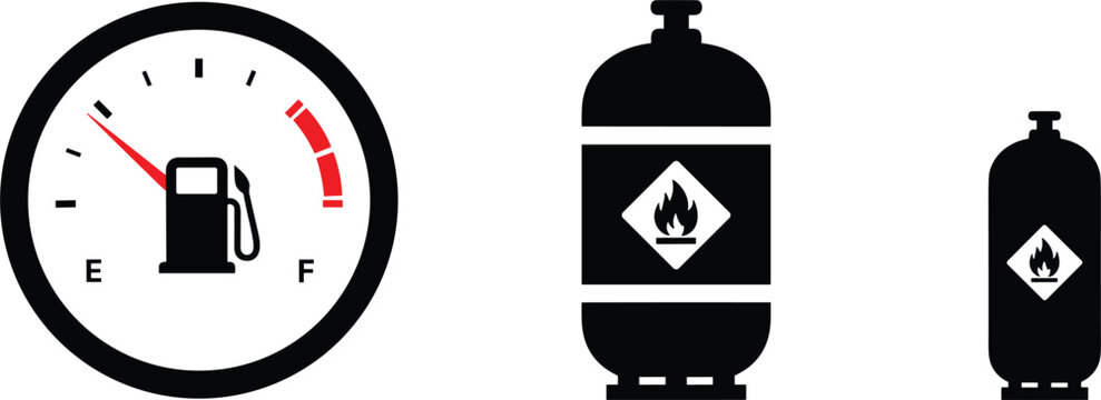 Fuel level gauge and gas cylinder icons set featuring energy measurement and flammable storage symbols for safety concepts