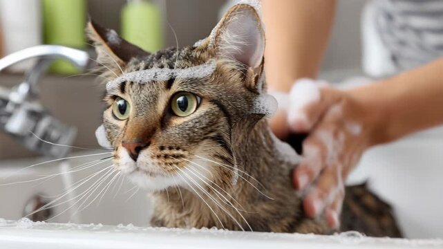 Close up shot of a cute tabby cat getting a bath in a sink, covered in soapy bubbles by human hands.