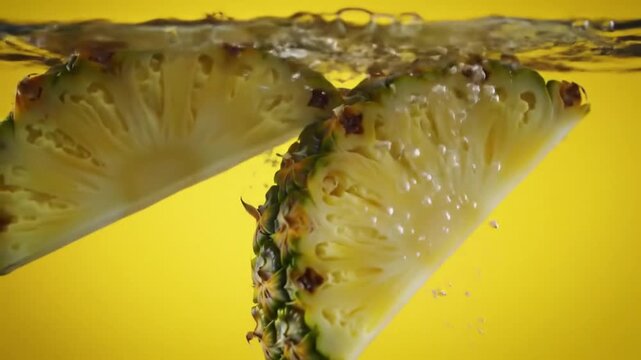 Refreshing pineapple slices splashing into vibrant yellow liquid, creating a tropical summer sensation.