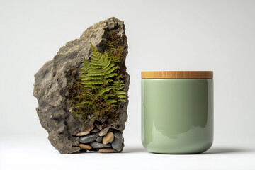 Eco friendly cosmetic cream jar on white background with fern
