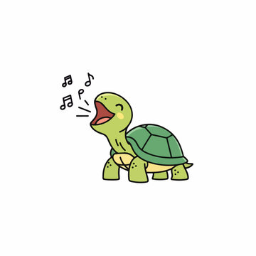 Cute singing turtle illustration with musical notes floating from open mouth. Happy singing turtle enjoying song, smiling with joy.