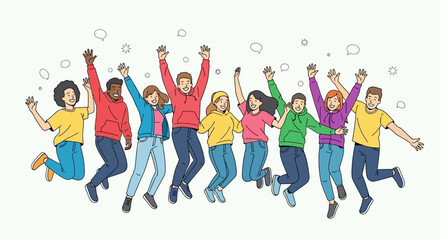 Obraz premium Diverse group of friends jumping and celebrating together happily