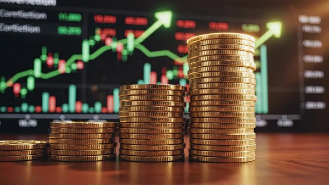 Stacks of golden coins with an increasing financial graph on background for investment and business growth in stock market analysis
