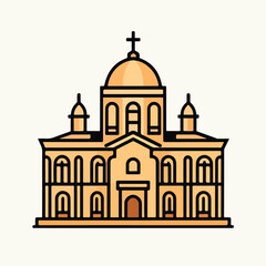 Obraz premium Cathedral Building Cartoon Line Art – Black-and-White Illustration with Central Dome, Cross, Arched Windows, and Symmetrical Architecture