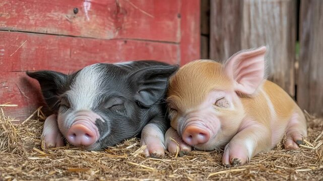 selective focus cozy piglets napping on straw bedding