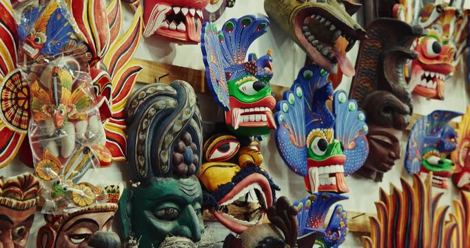 Many old colored Ceylon traditional Wooden masks Sculptures. Sri Lankan Flower Bird Devil Mal Gurulu Raksha , Fire Devil mask, Gini Raksha, Naga Raksha - Cobra demon - mask of the Raksha Kolama demon