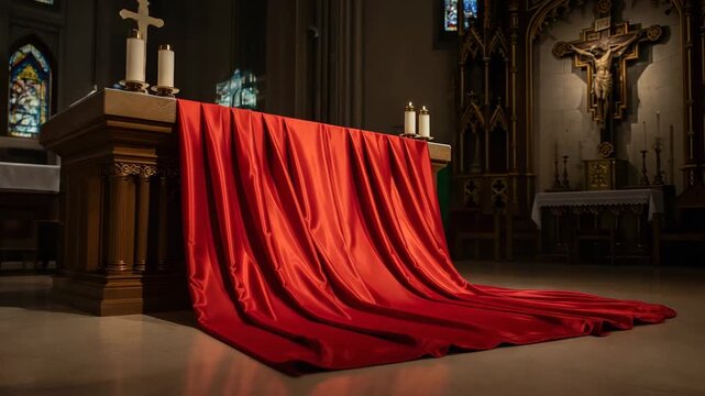 Elegant church altar with red cloth and candles in serene atmosphere