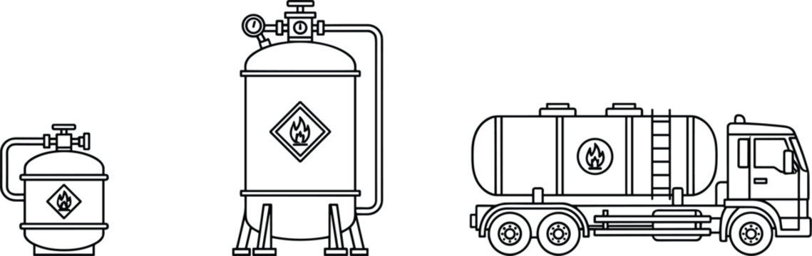 Industrial fuel storage and transport icons set featuring gas tanks and tanker truck for hazardous material energy concepts