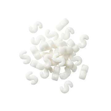 Pile of white S-shaped foam packing peanuts
