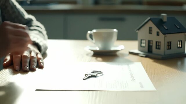 Signing property purchase contract by hand. Key rests on contract next to house model. Mortgage and loan documents lie on table. Buyer reviews contract terms before purchase. Document confirms sale.