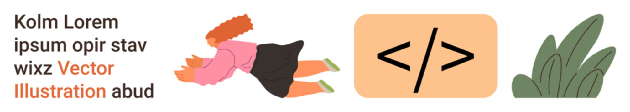 Technology, creativity, coding, modern design, web development, nature. Woman in motion, a coding icon and green foliage. Technology and creativity concept with coding and web development focus