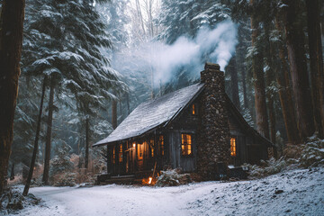 Cozy Winter Cabin in Snowy Forest with Smoke Rising from Chimney